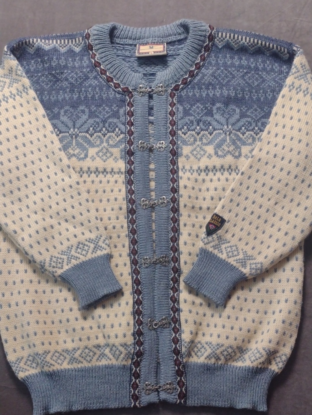 Dale of Norway Lg Wool Blue and Cream Norwegian Knit Decorative Toggle Cardigan